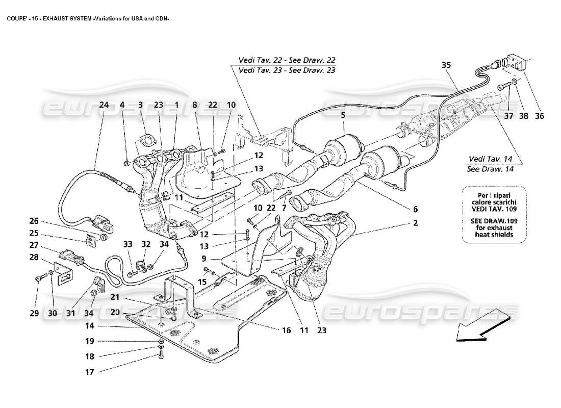 maserati 4200 coupe (2002) exhaust system -variations for usa and cdn part diagram