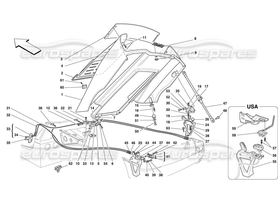 ferrari f50 rear hood and opening control parts diagram