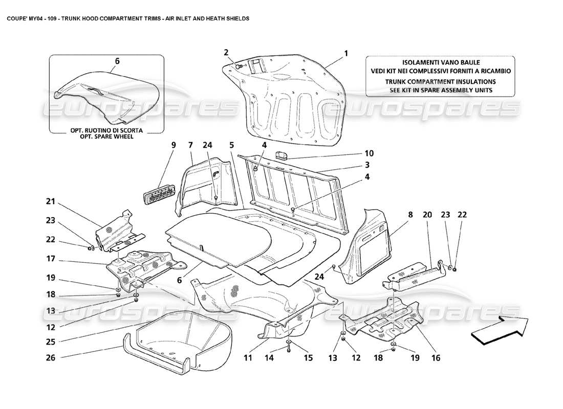 maserati 4200 coupe (2004) trunk hood compartment trims air inlet and heath shields parts diagram