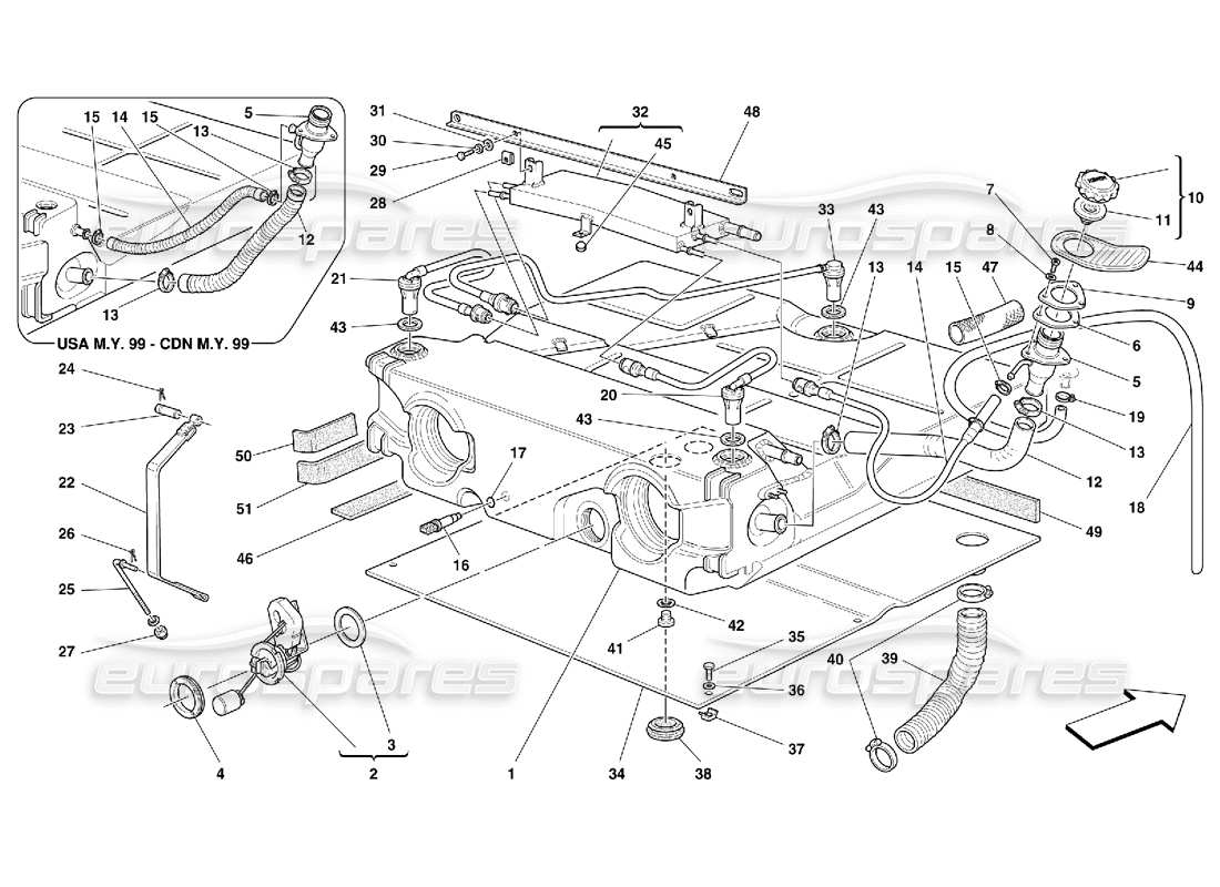 ferrari 550 maranello fuel tank -valid for usa m.y. 99, usa m.y. 2000, cdn m.y. 99 and cdn m.y. 2000 part diagram