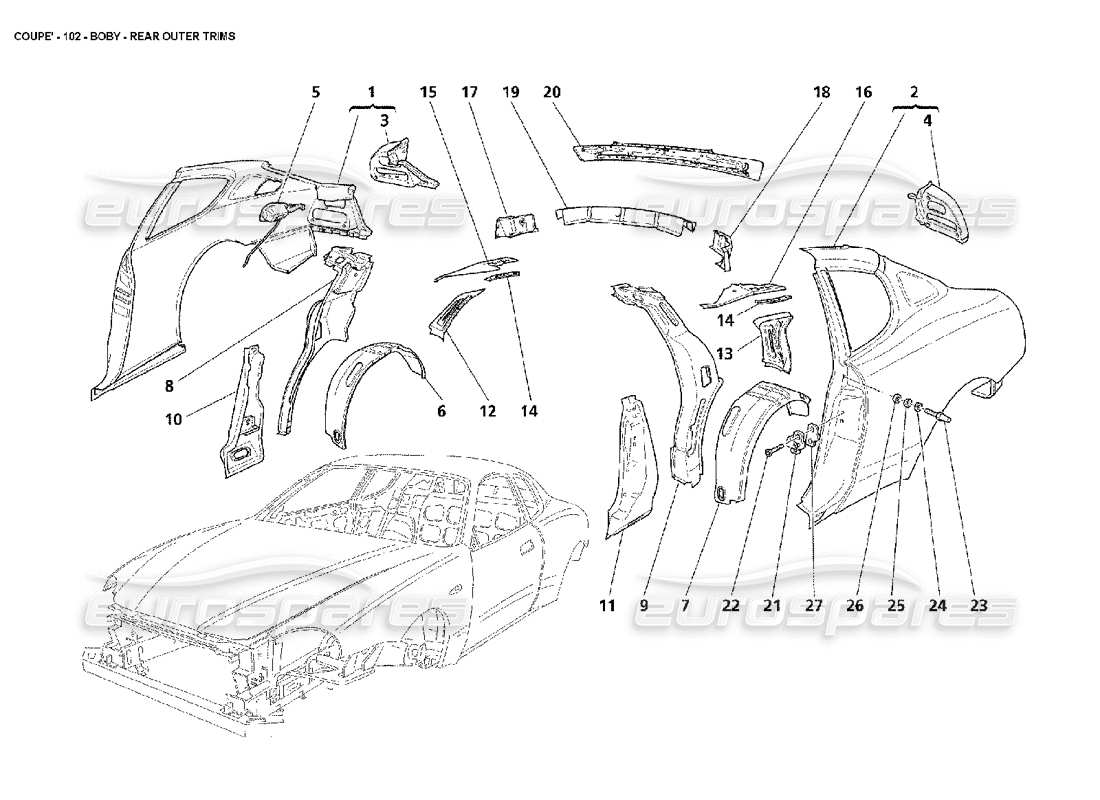 maserati 4200 coupe (2002) body rear outer trims parts diagram