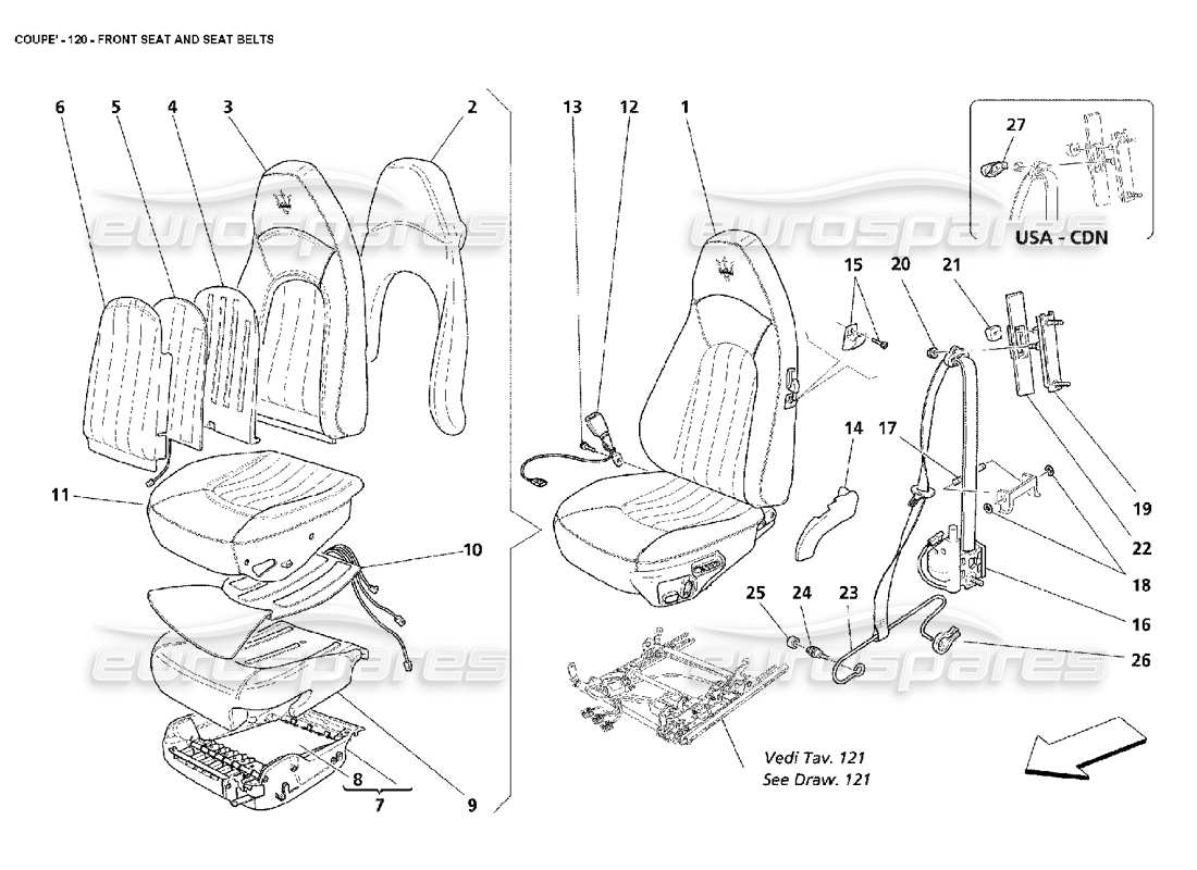 maserati 4200 coupe (2002) front seat and seat belts part diagram