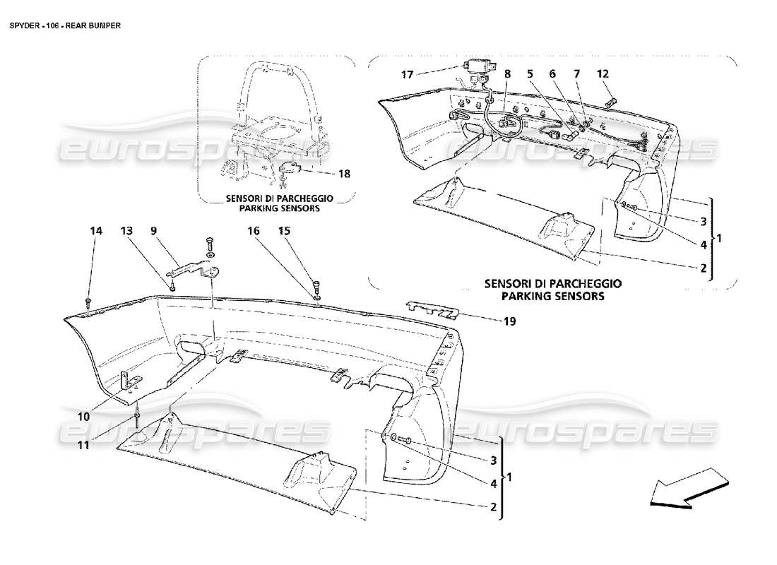 maserati 4200 spyder (2002) rear bumper parts diagram