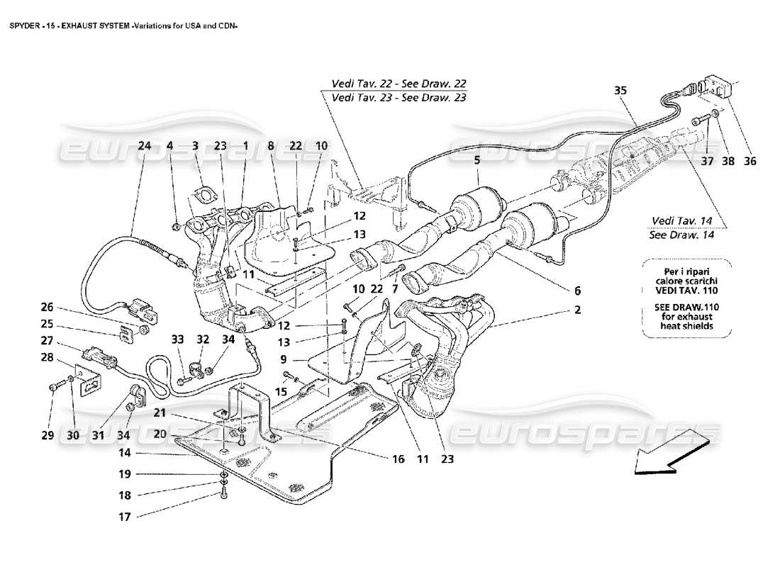 maserati 4200 spyder (2002) exhaust system -variations for usa and cdn parts diagram