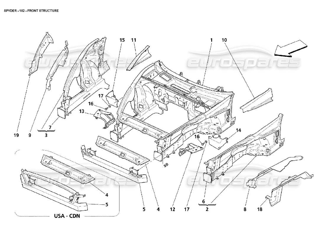 maserati 4200 spyder (2002) front structure parts diagram