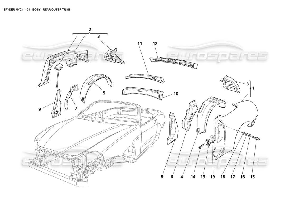 maserati 4200 spyder (2003) body - rear outer trims part diagram