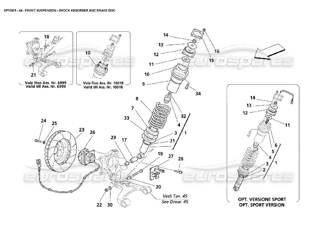 maserati 4200 spyder (2002) front suspension - shock absorber and brake disc parts diagram