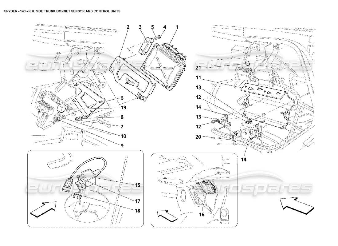 maserati 4200 spyder (2002) rh side trunk bonnet sensor and control units parts diagram