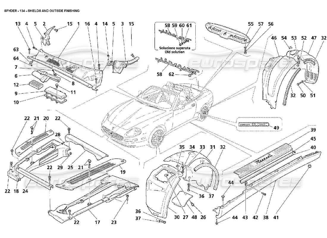 maserati 4200 spyder (2002) shields and outside finishing parts diagram