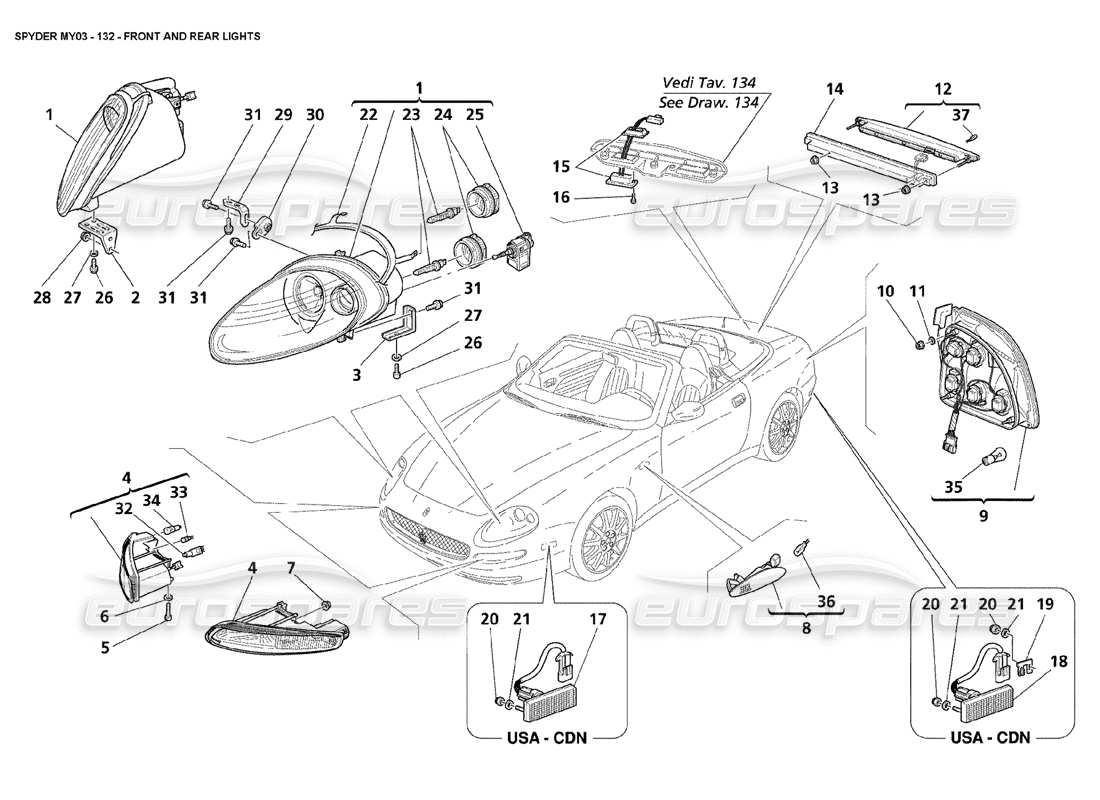 maserati 4200 spyder (2003) front and rear lights part diagram