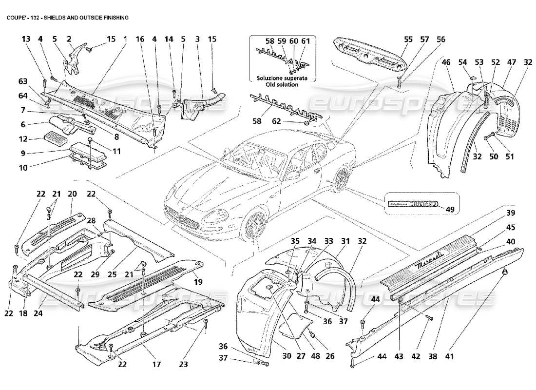 maserati 4200 coupe (2002) shields and outside finishing parts diagram