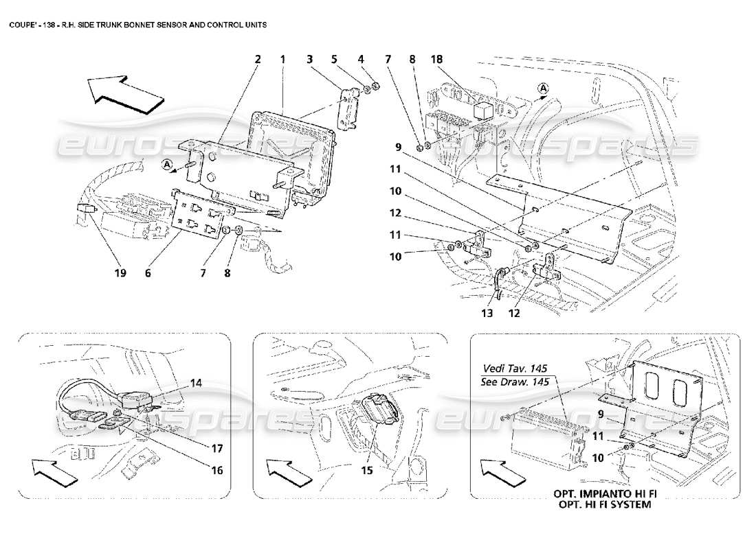 maserati 4200 coupe (2002) rh side trunk bonnet sensor and control units part diagram