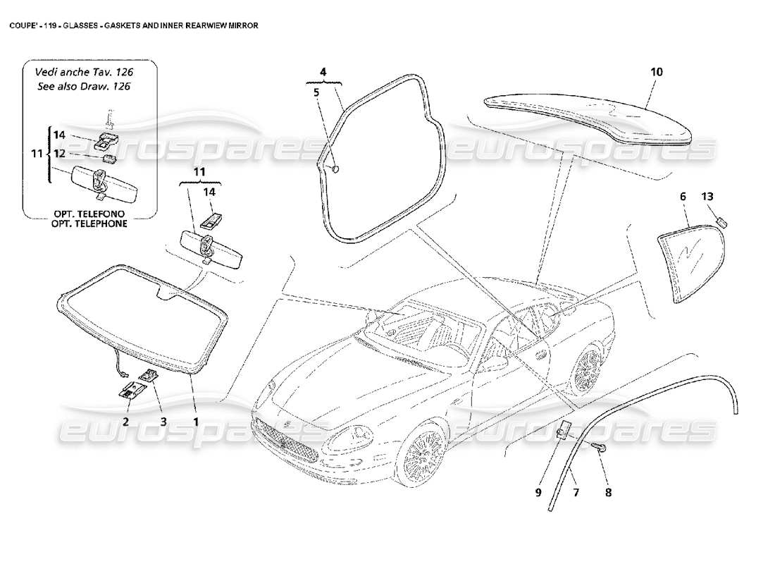 maserati 4200 coupe (2002) glasses - gaskets and inner rearwiew mirror parts diagram