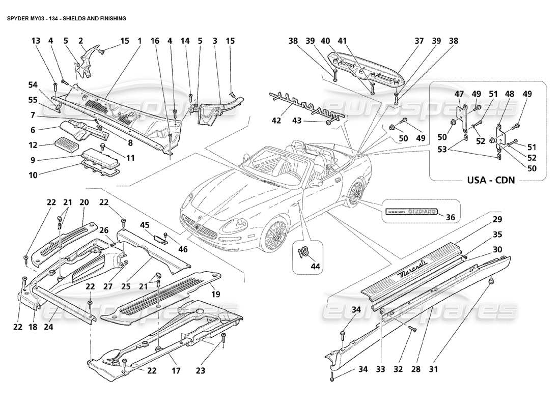 maserati 4200 spyder (2003) shields and finishing part diagram