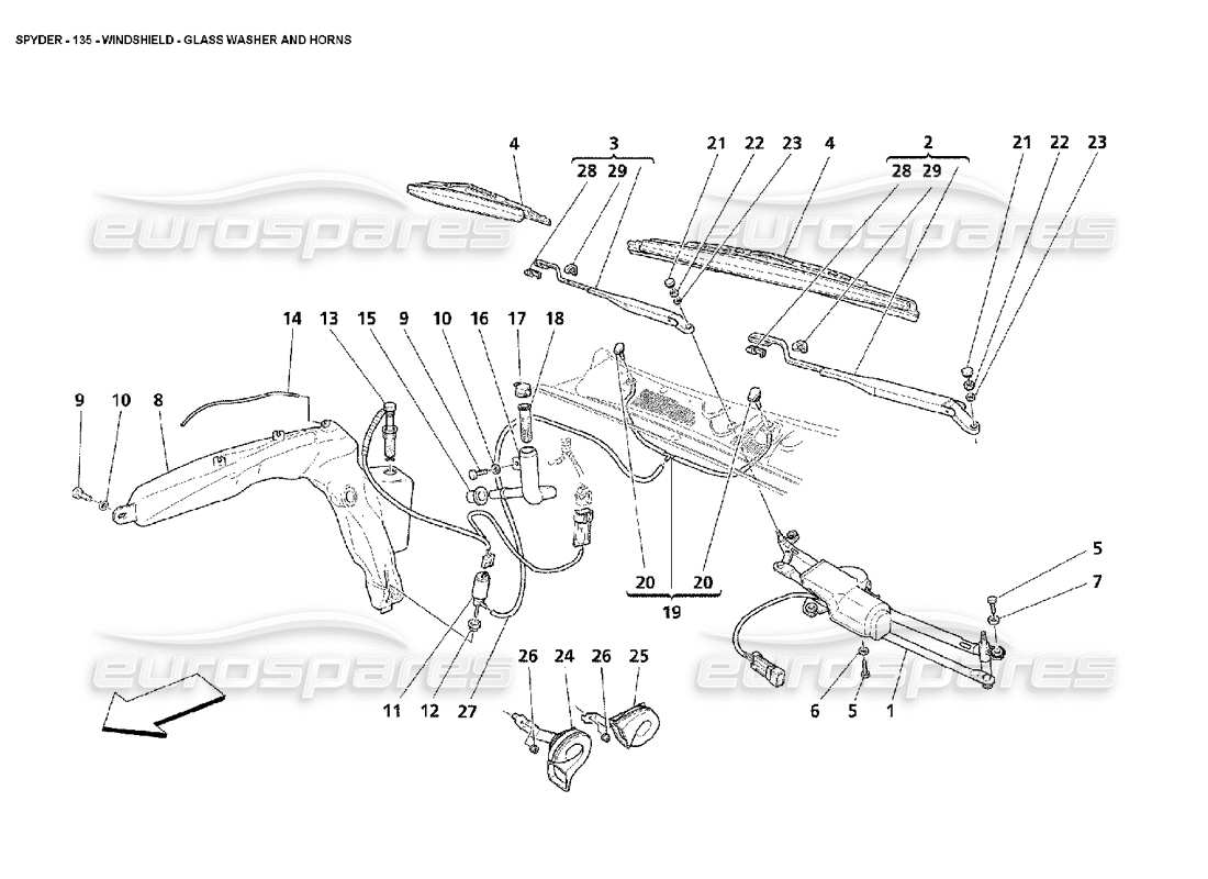maserati 4200 spyder (2002) windshield - glass washer and horns parts diagram