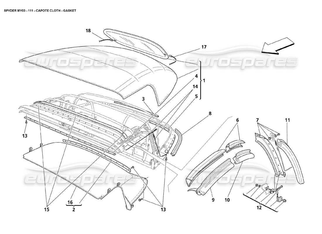 maserati 4200 spyder (2003) capote cloth - gasket part diagram