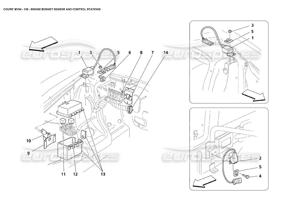 maserati 4200 coupe (2004) engine bonnet sensor and control stations parts diagram