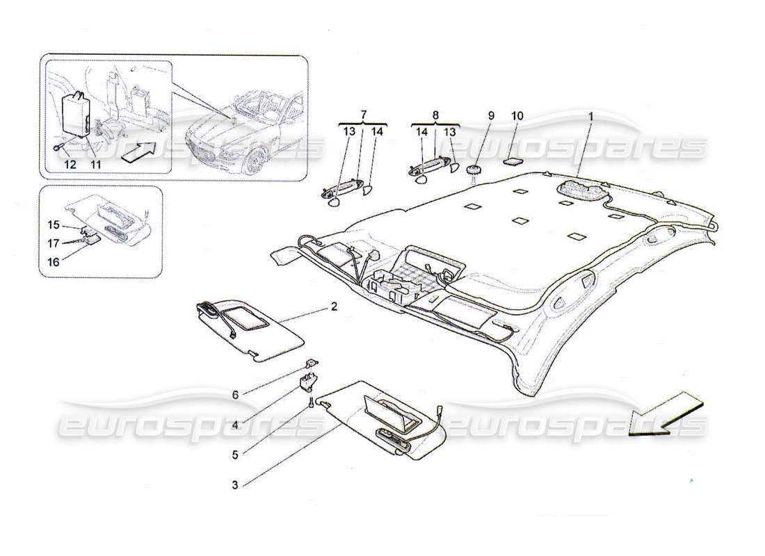 maserati qtp. (2010) 4.2 roof and sun visors part diagram