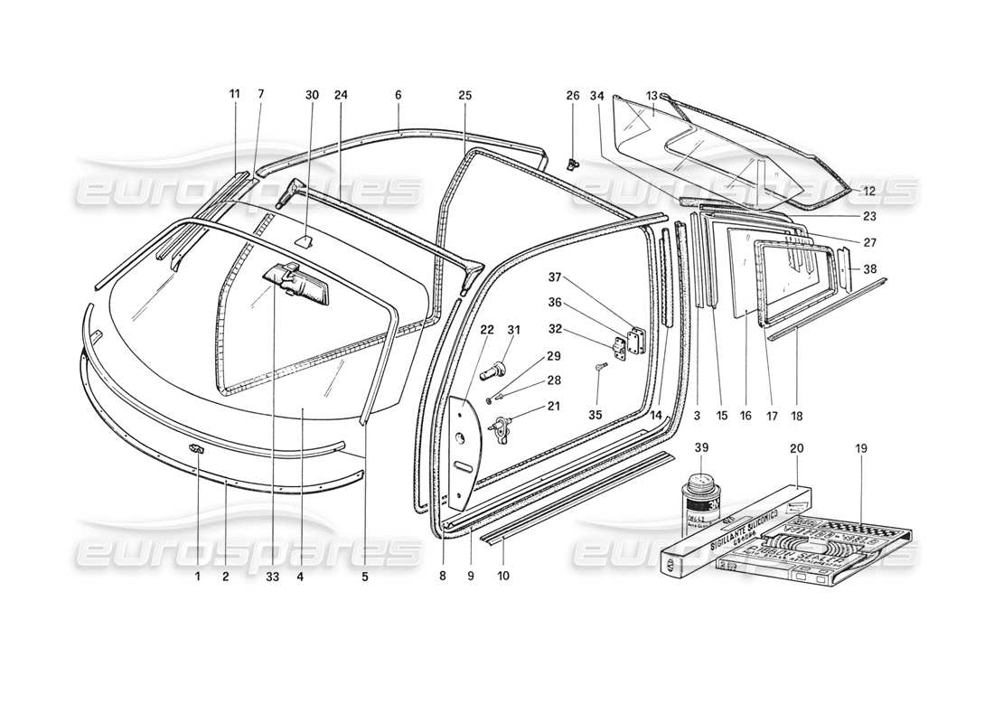 ferrari 208 turbo (1989) glasses parts diagram