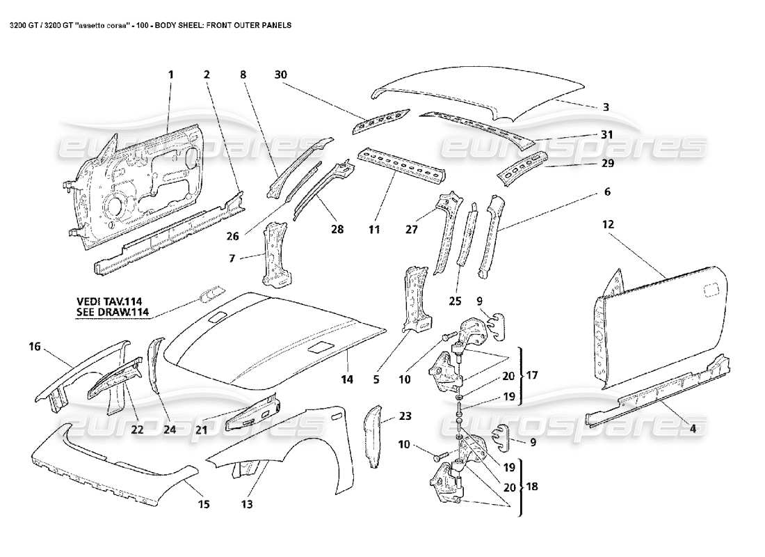 maserati 3200 gt/gta/assetto corsa body: front outer panels parts diagram