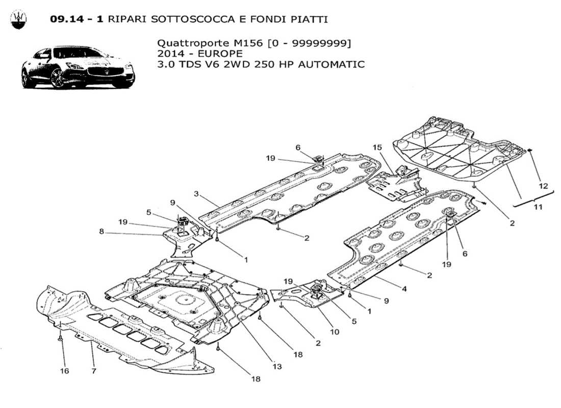 maserati qtp. v6 3.0 tds 250bhp 2014 underbody and underfloor guards parts diagram