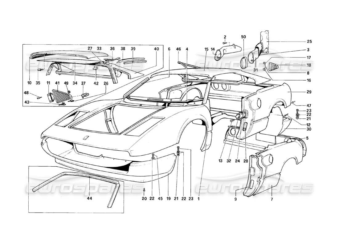 ferrari 308 (1981) gtbi/gtsi body shell - outer elements parts diagram