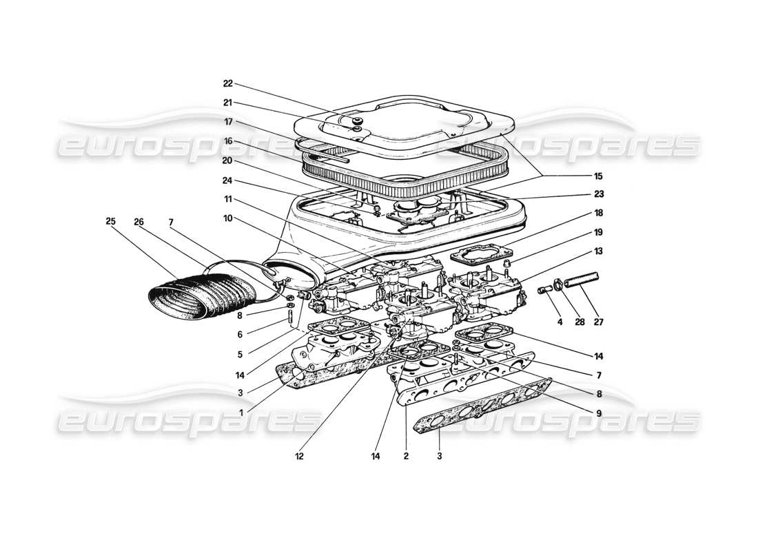 ferrari 308 gtb (1980) carburettors and air cleaner parts diagram