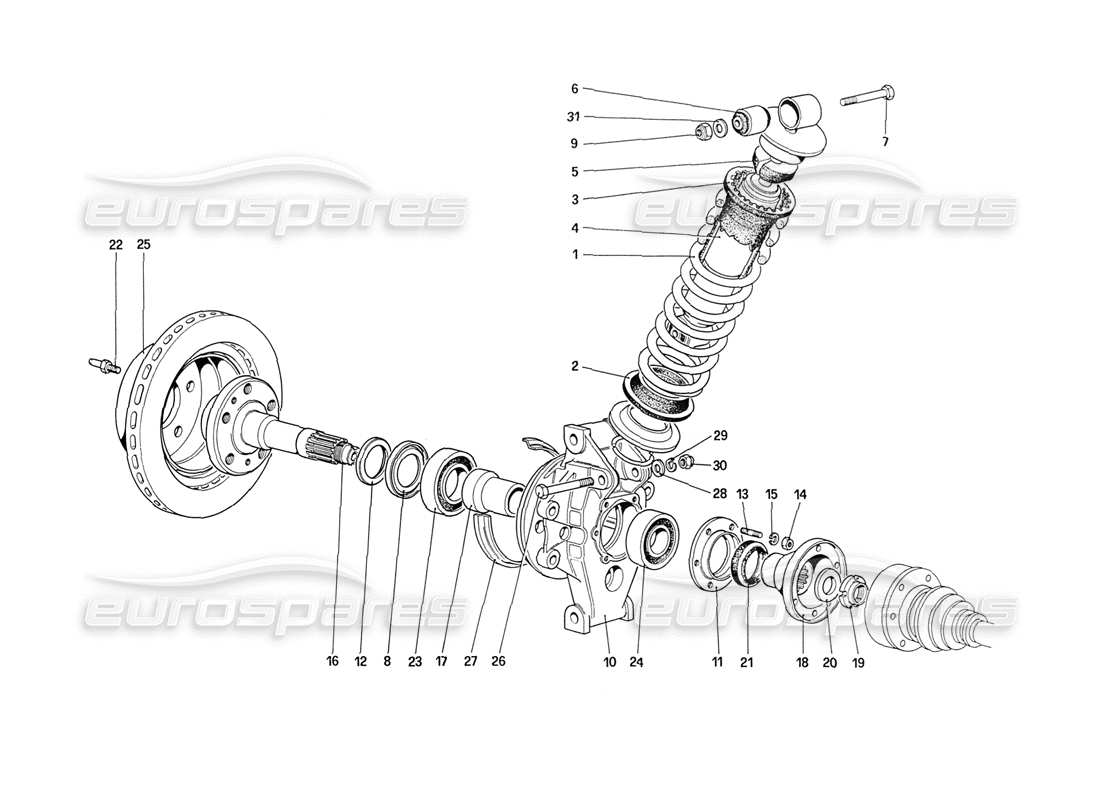 ferrari 208 turbo (1989) rear suspension - shock absorber and brake disc (up to car no. 76625) parts diagram