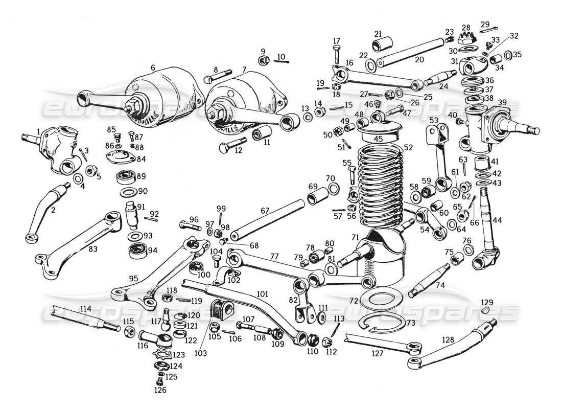 ferrari 250 gte (1957) front suspension and steering linkage parts diagram