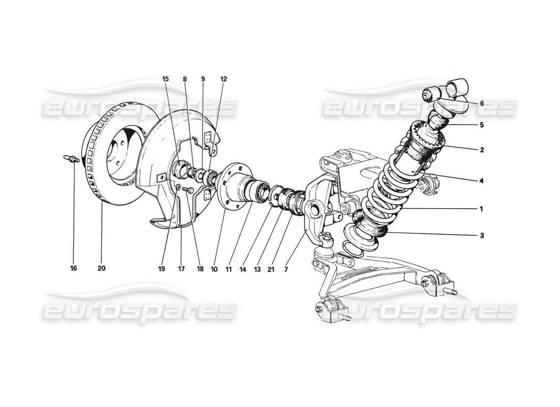ferrari 308 gtb (1980) front suspension - shock absorber and brake disc parts diagram