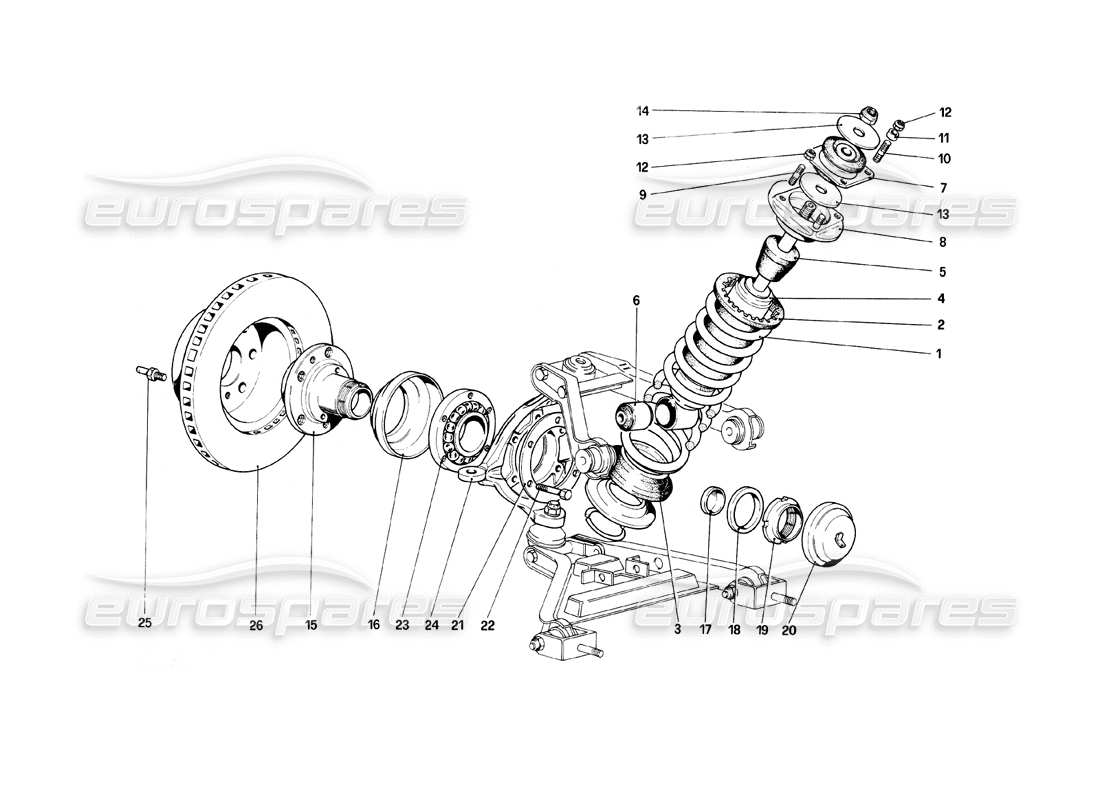 ferrari mondial 8 (1981) front suspension - shock absorber and brake disc parts diagram