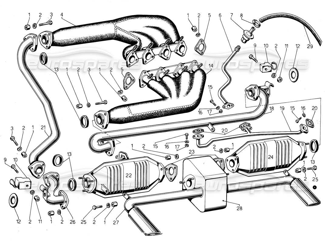 lamborghini jalpa 3.5 (1984) exhuast pipes (valid for usa - may 1985) parts diagram