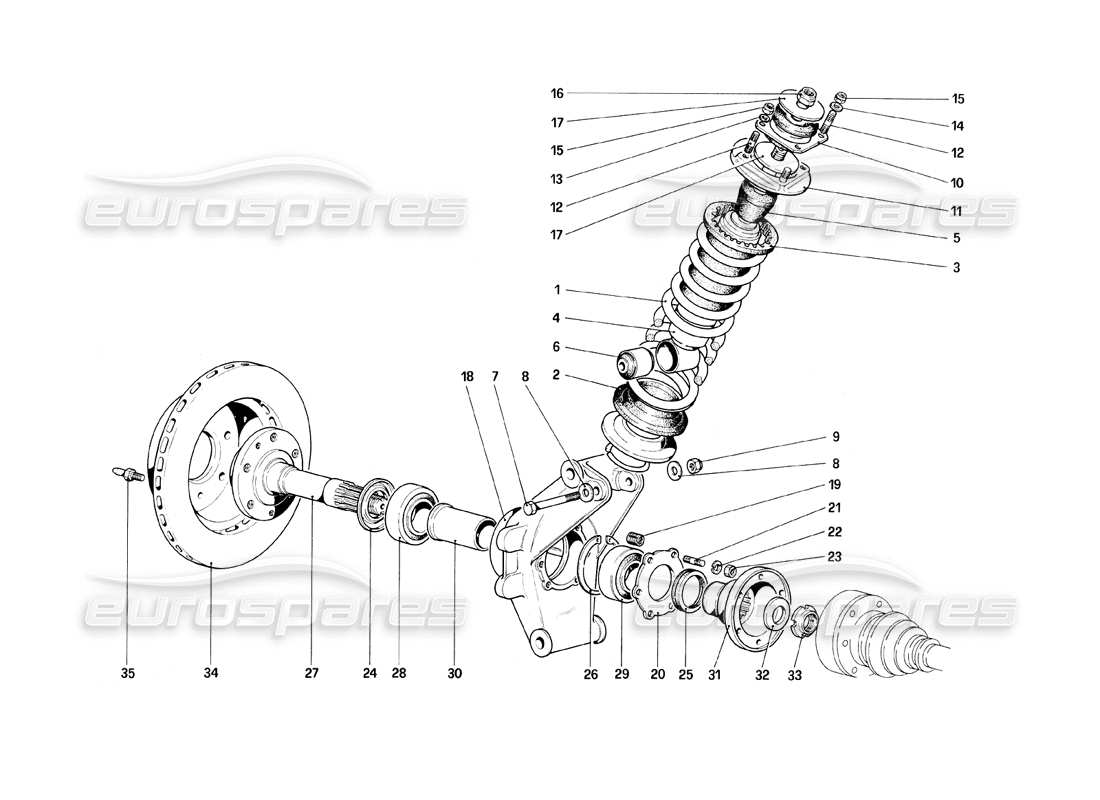 ferrari mondial 8 (1981) rear suspension - shock absorber and brake disc part diagram