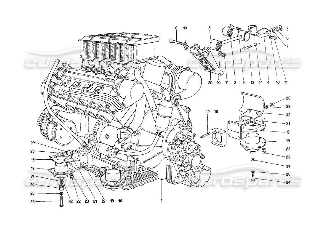 ferrari 208 turbo (1989) engine - gearbox and supports parts diagram