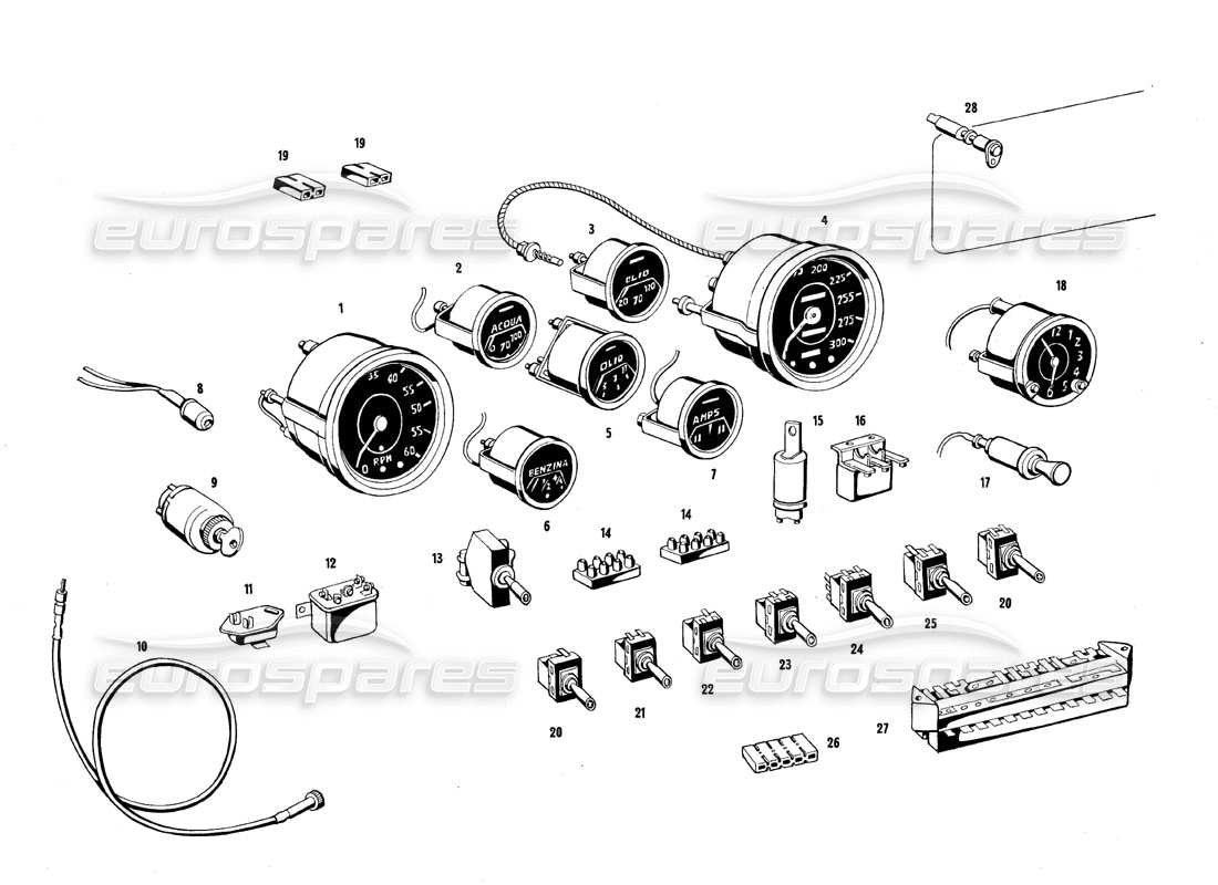 maserati qtp.v8 4.7 (s1 & s2) 1967 dashboard instruments part diagram