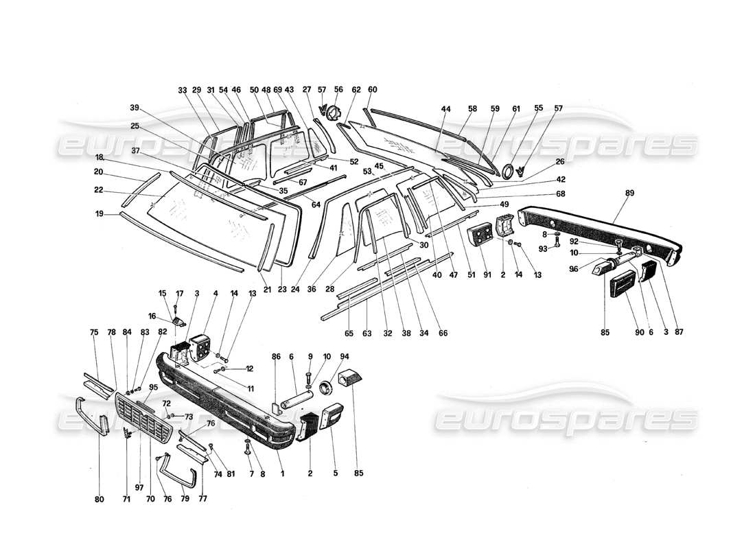 maserati qtp.v8 4.9 (s3) 1979 bumpers and glasses part diagram