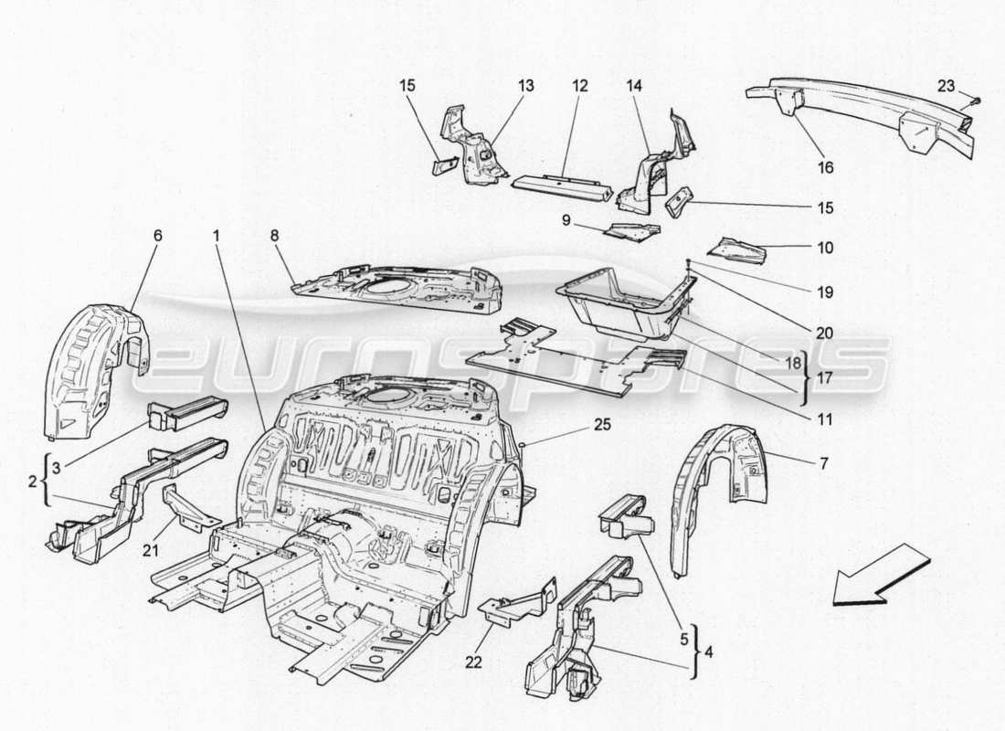 maserati granturismo special edition rear structural frames and sheet panels parts diagram