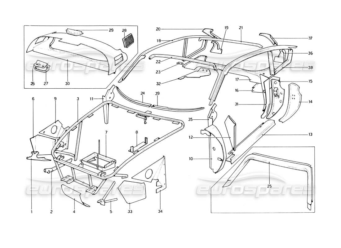 ferrari 246 dino (1975) body shell - inner elements parts diagram