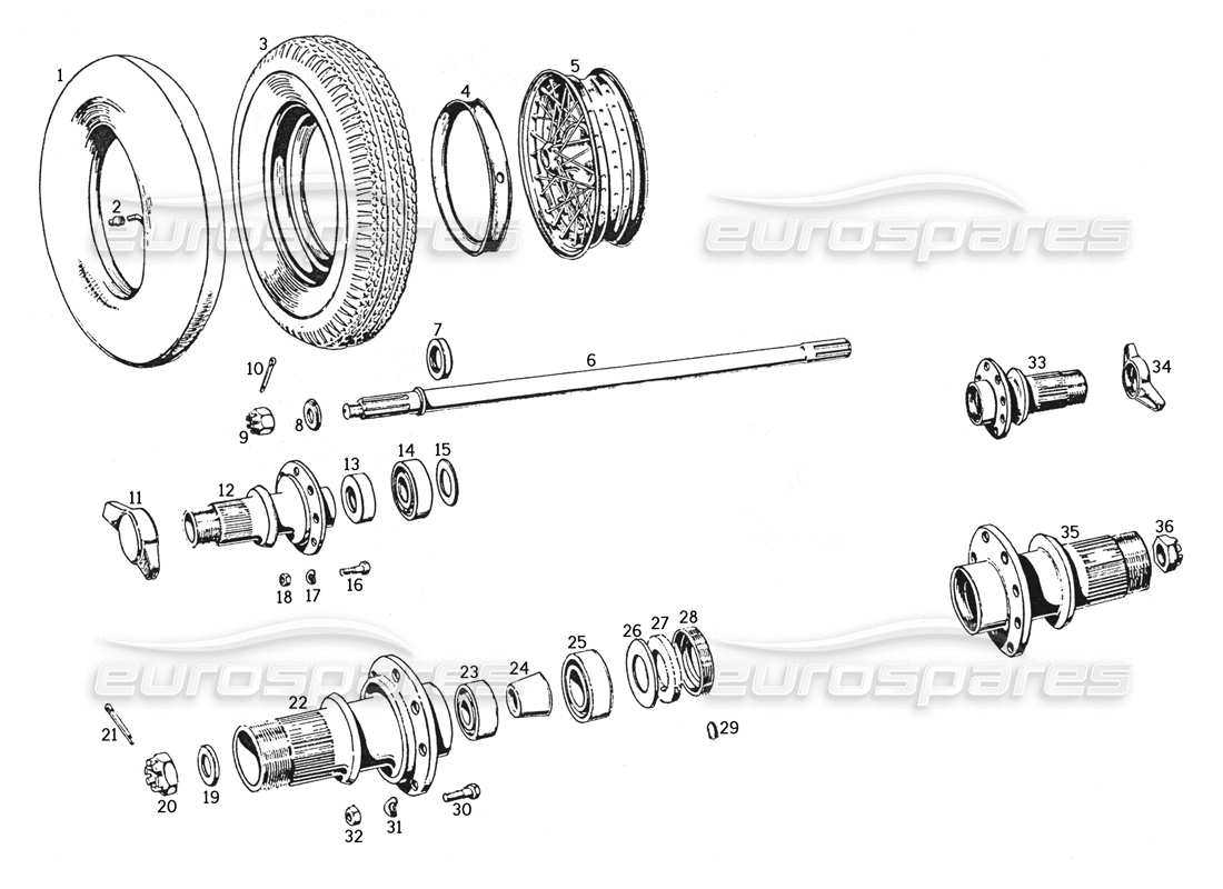 ferrari 250 gte (1957) wheels, hubs, axle shafts parts diagram
