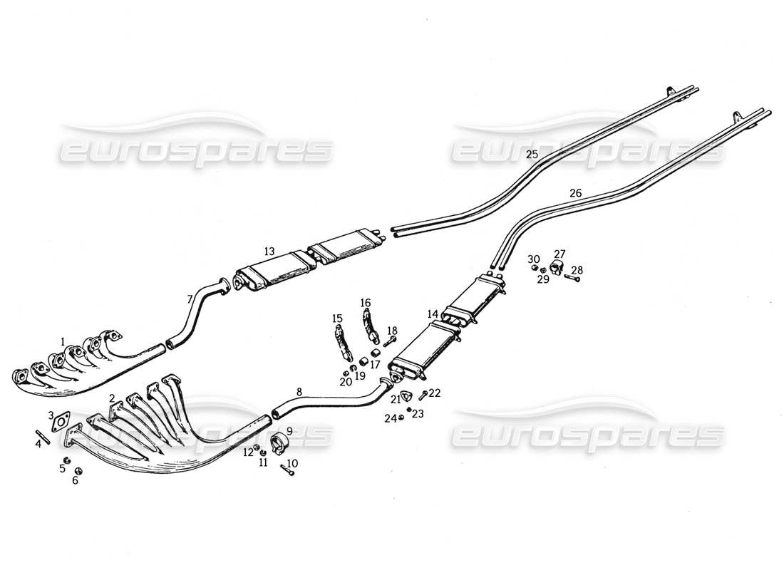 ferrari 250 gte (1957) exhaust manifolds, mufflers, lengthening pipes parts diagram