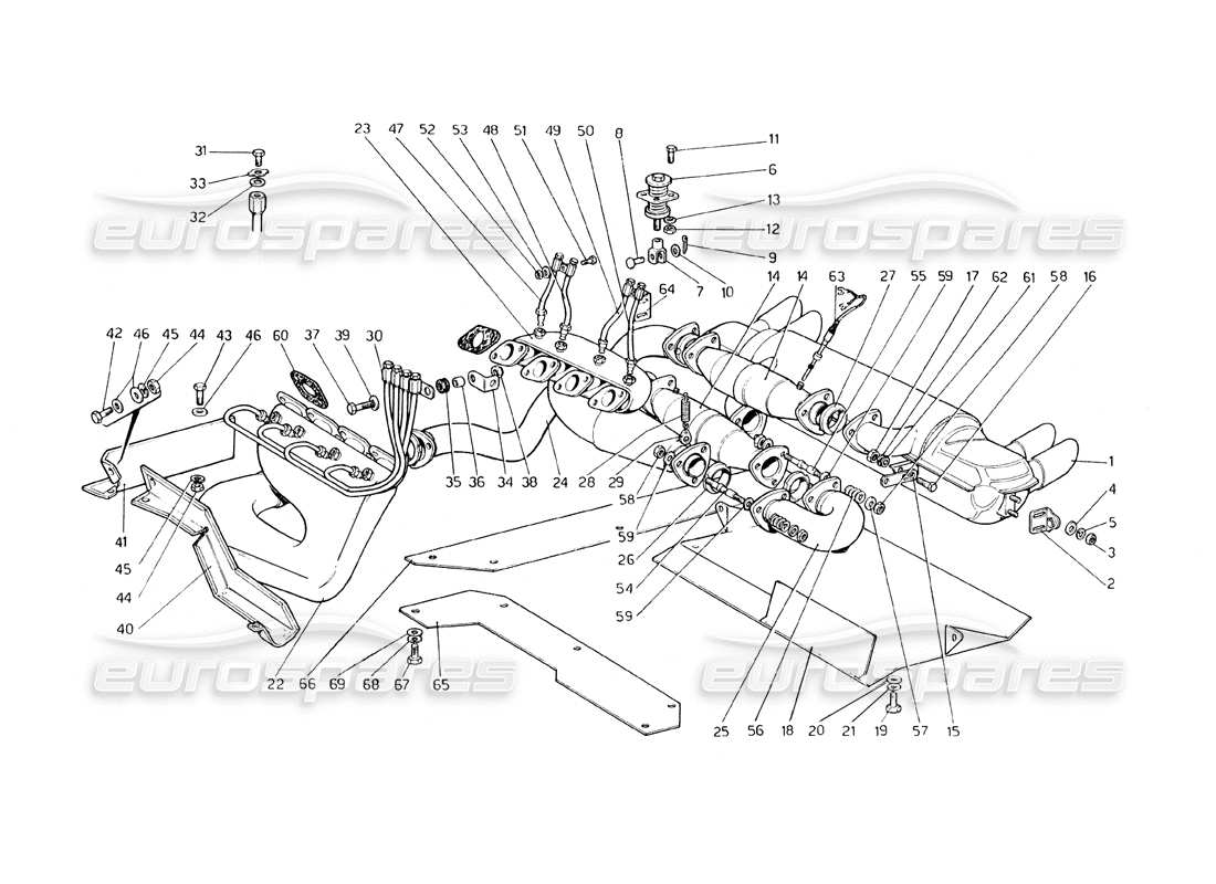 ferrari 308 gt4 dino (1979) exhaust system (variants for usa - aus and j version) part diagram