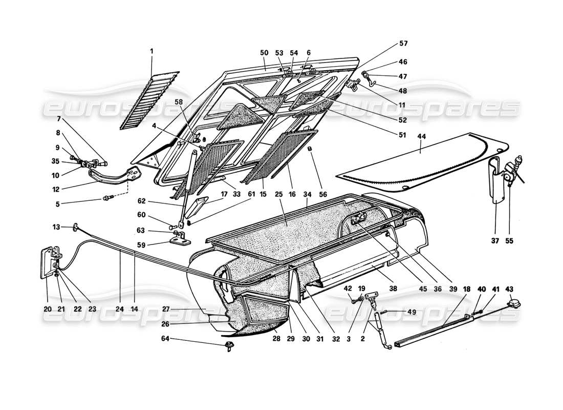 ferrari 308 gtb (1980) rear bonnet and luggage compartment covering parts diagram