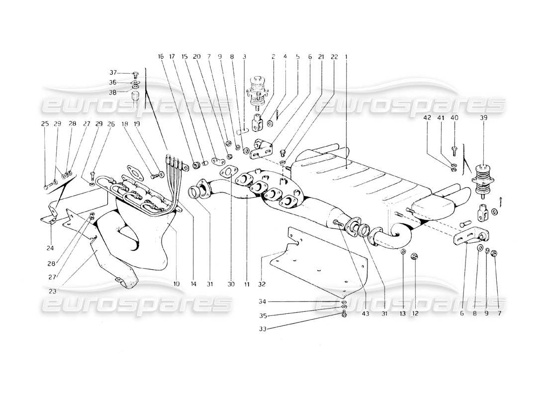 ferrari 308 gt4 dino (1979) exhaust system (variants for usa - aus and j version) part diagram