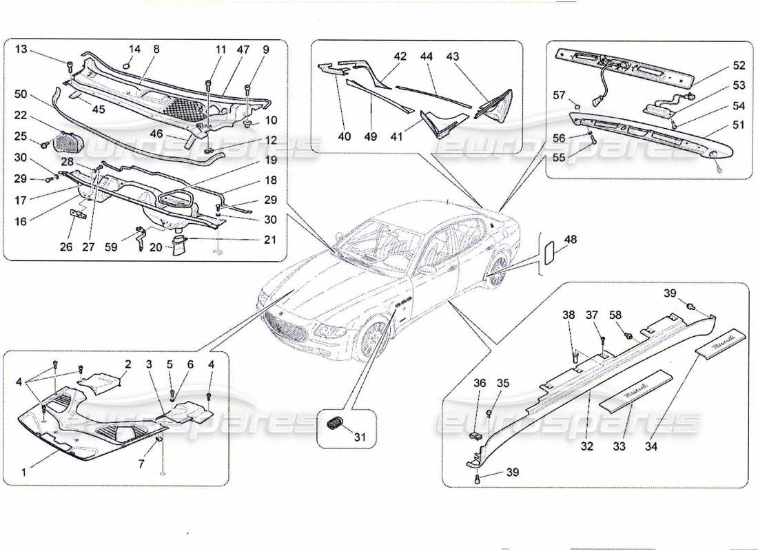 maserati qtp. (2010) 4.7 shields, trims and covering panels parts diagram