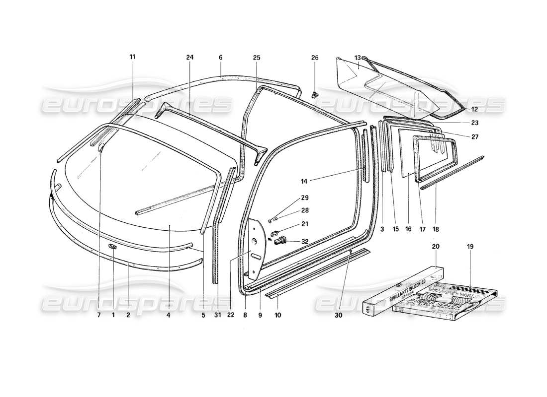 ferrari 308 (1981) gtbi/gtsi glasses parts diagram