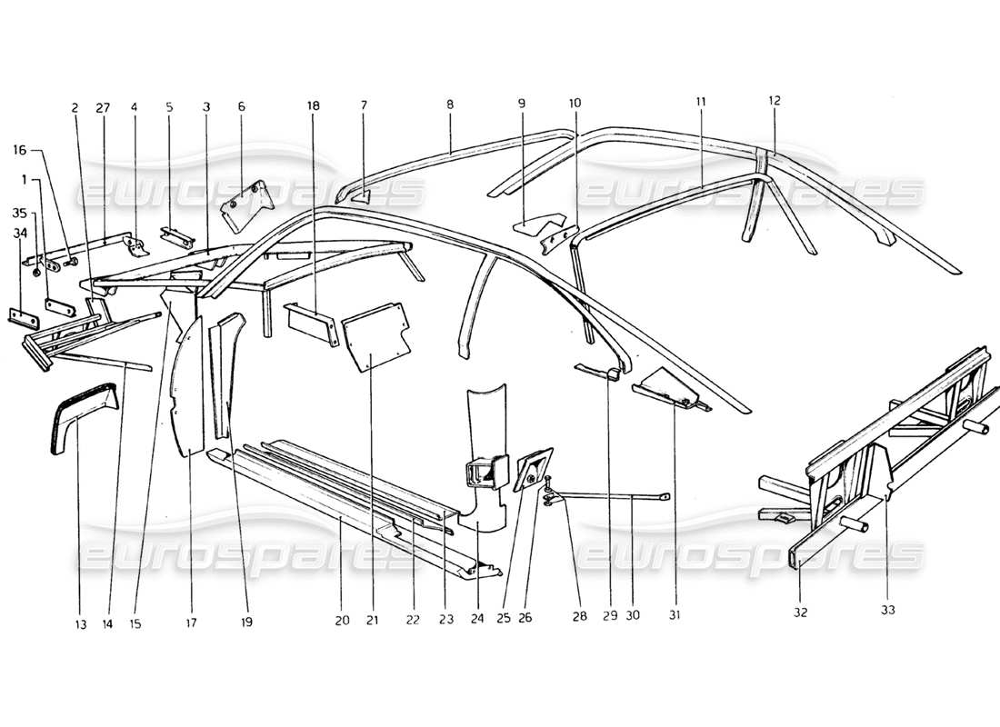 ferrari 308 gtb (1976) body shell - inner elements part diagram