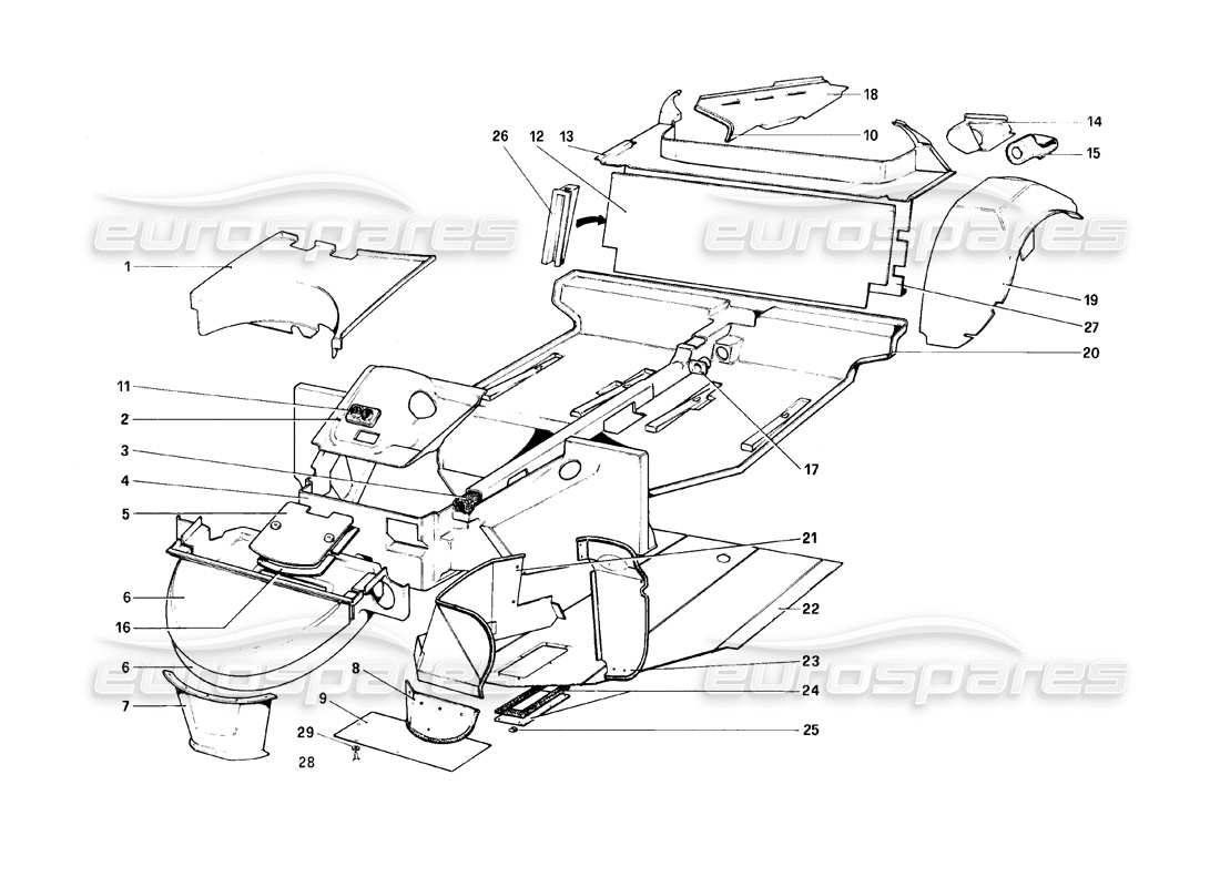 ferrari 308 (1981) gtbi/gtsi body shell - inner elements parts diagram