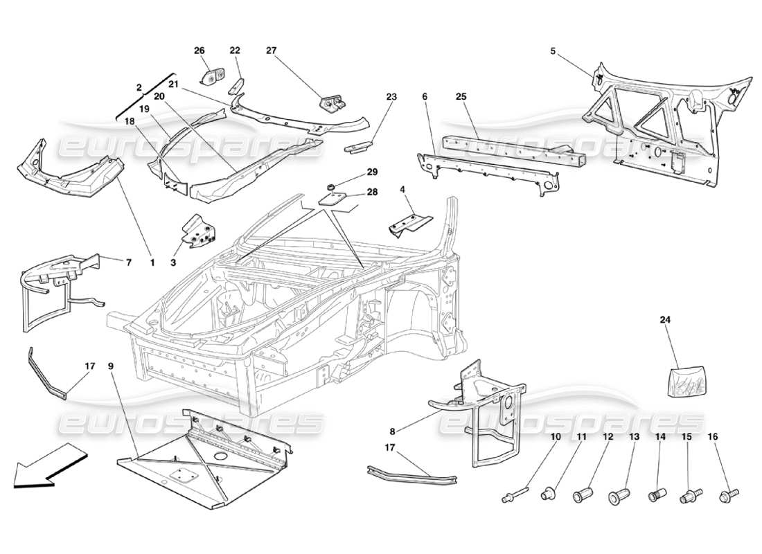 ferrari 360 challenge stradale frame - complete front part structures and plates part diagram