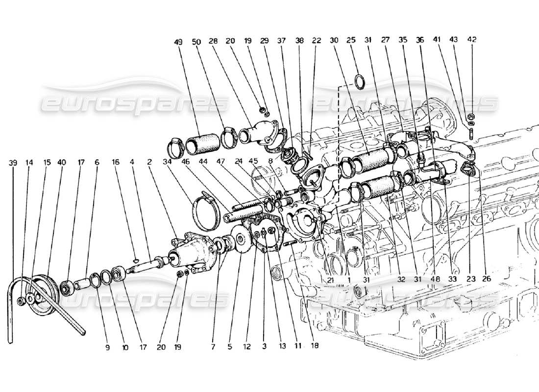 ferrari 308 gtb (1976) water pump and pipings parts diagram