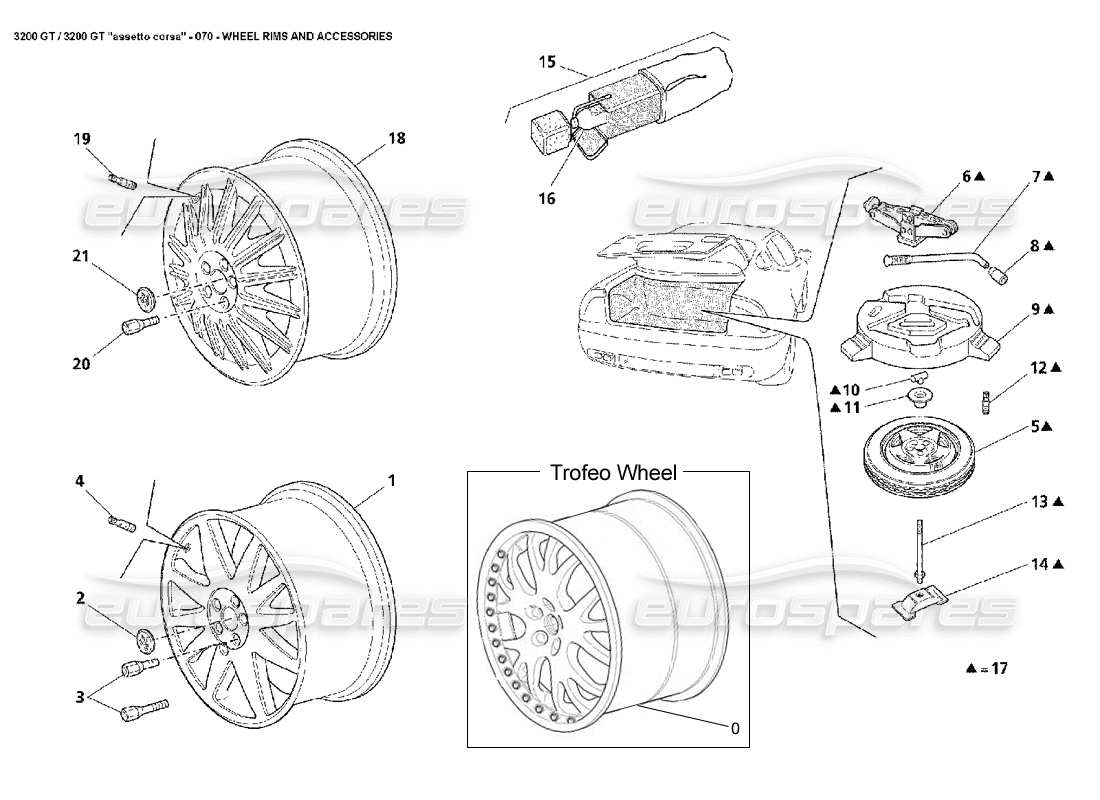 maserati 3200 gt/gta/assetto corsa wheels and accessories parts diagram